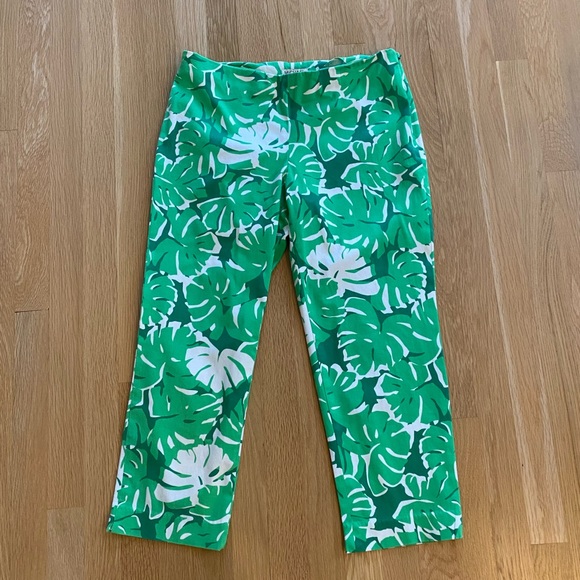 MICHAEL Michael Kors Sz 8  Green/White Flat Front Pants w Banana Leaf Print - Picture 1 of 10